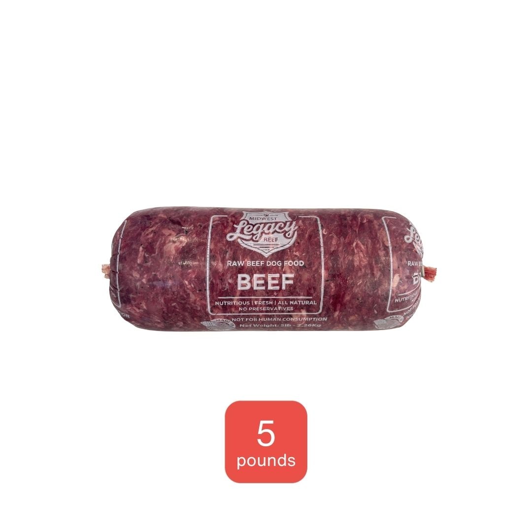 midwest legacy raw muscle beef dog food 5 pound tube on white background